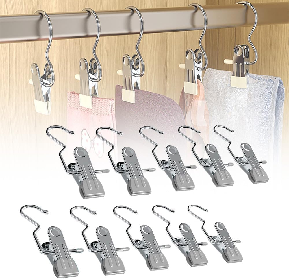 Space-Saving Clothespin Hat Pants Storage Hanging Travel Hook, Stainless Steel Boot Hangers Clips Boot Hangers for Closet, Laundry Hooks Hanging Clips Clothes Pins Socks Towel Clips (Black, 10Pcs)