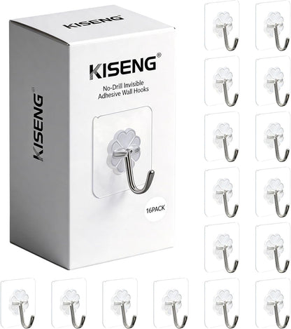 16 Pack Crystal Clear Adhesive Hooks for Hanging, Heavy Duty 22lb | Sticky Hooks, Invisible Clear Wall Hooks No Drill No Damage, Waterproof Shower Hooks for Bathroom Kitchen Towel Keys