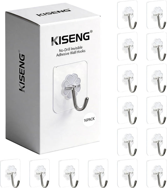 16 Pack Crystal Clear Adhesive Hooks for Hanging, Heavy Duty 22lb | Sticky Hooks, Invisible Clear Wall Hooks No Drill No Damage, Waterproof Shower Hooks for Bathroom Kitchen Towel Keys