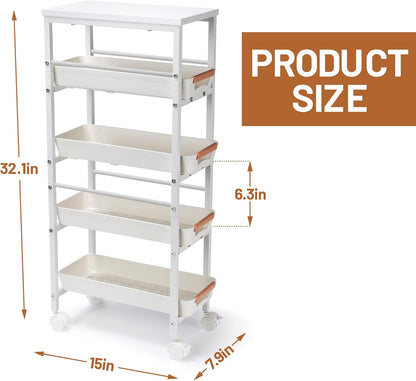 Slim Storage Cart, 5-Tier Narrow Rolling Kitchen Laundry Room Cart with Drawer and Wheels, Metal Utility Cart Slide Out Organizer for Small Spaces (White)