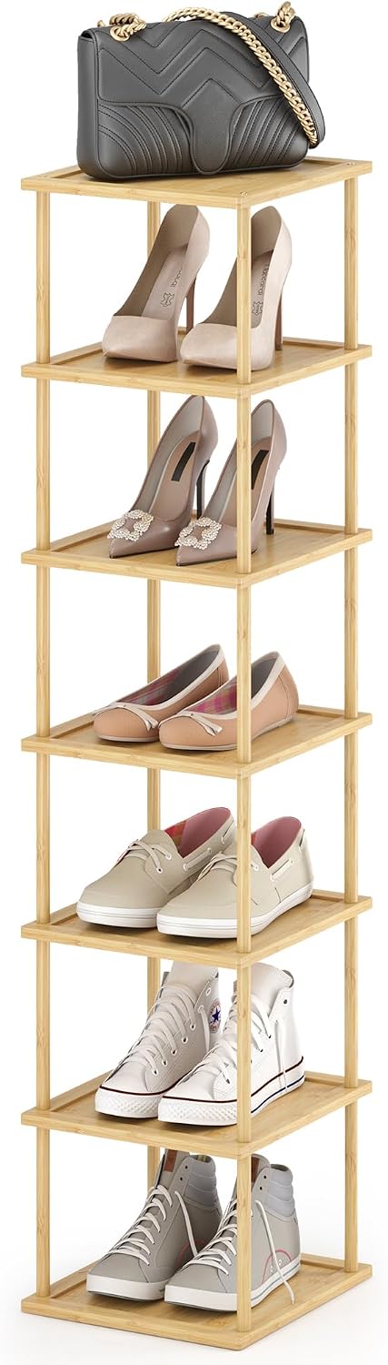 MHXW SXPN Bamboo Free Standing Shoe Rack Shelf Multi Tier Tall Wooden Stackable Shoes Rack Organizer for Closet Front Door Entrance Narrow Vertical Shoe Storage (Nature, 7 Tiers)