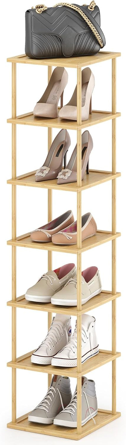 MHXW SXPN Bamboo Free Standing Shoe Rack Shelf Multi Tier Tall Wooden Stackable Shoes Rack Organizer for Closet Front Door Entrance Narrow Vertical Shoe Storage (Nature, 7 Tiers)