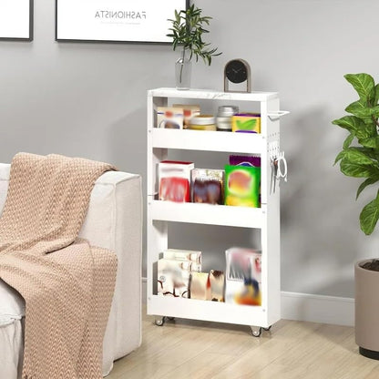 Slim Storage Cart, 5 in Width, 3-Tier White Rolling with Handle & Wooden Top