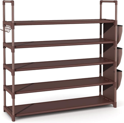 VILICK 5 Tier Shoe Rack with Hook and Side Pocket,Shoe Organizer Space Saver Storage for 20-25 Pair Shoe Storage Shelf Sturdy Free Standing Long Shoe Rack Organizer for Closet,Entryway,Small Spaces