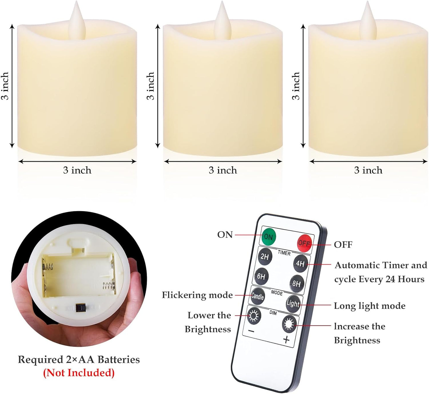3"x4" Flickering Flameless Battery Candles with Timer, White Realistic LED Pillar Candles, Set of 2 Large Remote-Operated Candles for Home Indoor/Outdoor & Holiday Decor