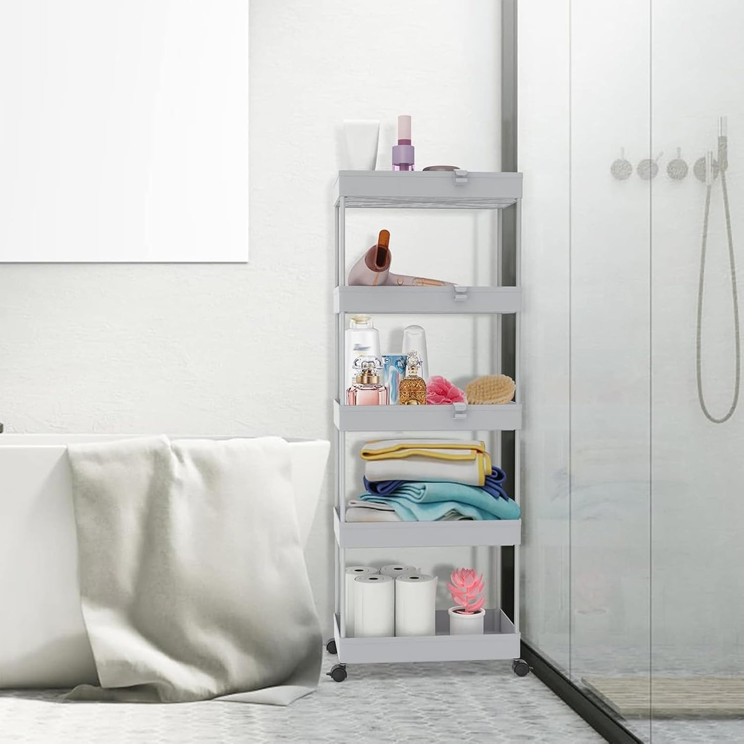 SPACEKEEPER 5-Tier Rolling Cart, Bathroom Storage Organizer Utility Cart, Mobile Shelving Unit Slide Out Shelves for Kitchen Living Room Laundry Room & Dressers, Black