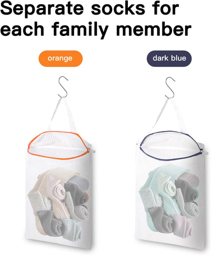 3 PACK Hanging Mesh Laundry Bags with S Metal Hooks,10x12 Inch Hanging Socks Laundry Bags, for Washing Machine