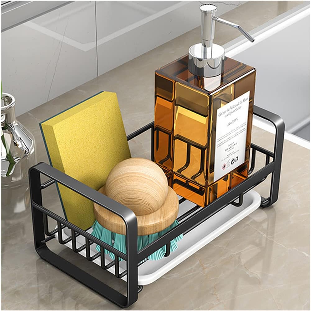 Kitchen Sponge Holder for Sink, Kitchen Sink Caddy Organizer, Sink Tray Drainer Rack, Dish Rags Brush Soap Storage Countertop with Removable Front Drain Pan - Black