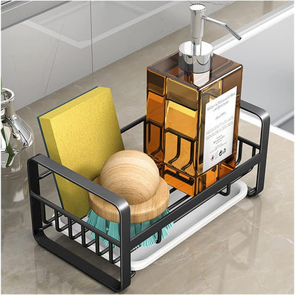 Kitchen Sponge Holder for Sink, Kitchen Sink Caddy Organizer, Sink Tray Drainer Rack, Dish Rags Brush Soap Storage Countertop with Removable Front Drain Pan - Black