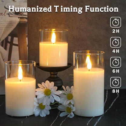 LEDHOLYT Rechargeable Flameless Glass Pillar Candles–Gifts for Women,–Set of 3, Realistic Flickering LED Light,Remote & Timer, Ideal for Living Room, Bedroom & Festival Wedding Home Party Decor