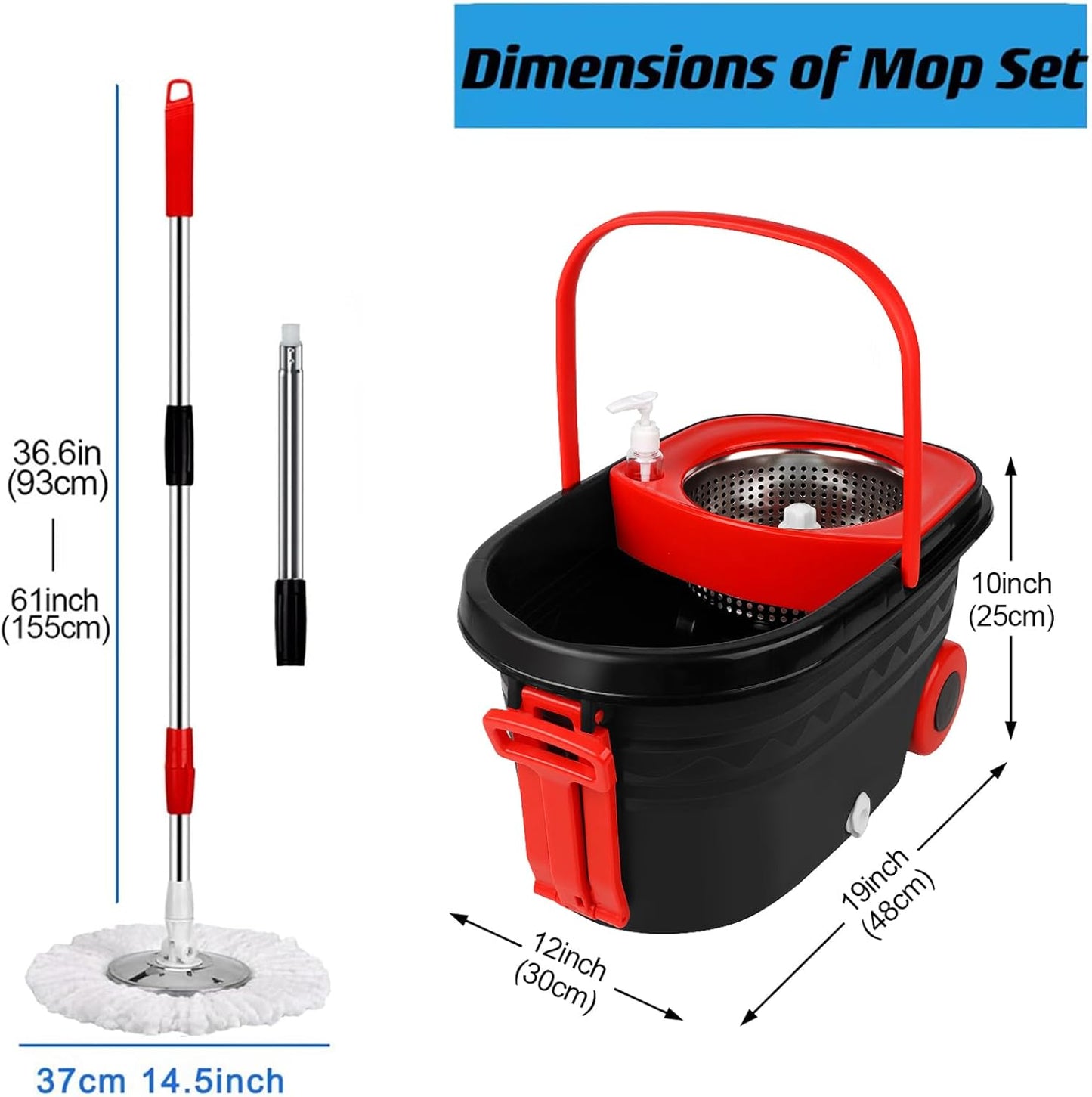 Spin Mop and Bucket with Wringer Set, 360° Rotating Head Mop Bucket System with 3 Microfiber Mop Refills Wet and Dry Suitable for Office and Home Use, Green (Black-Plus)