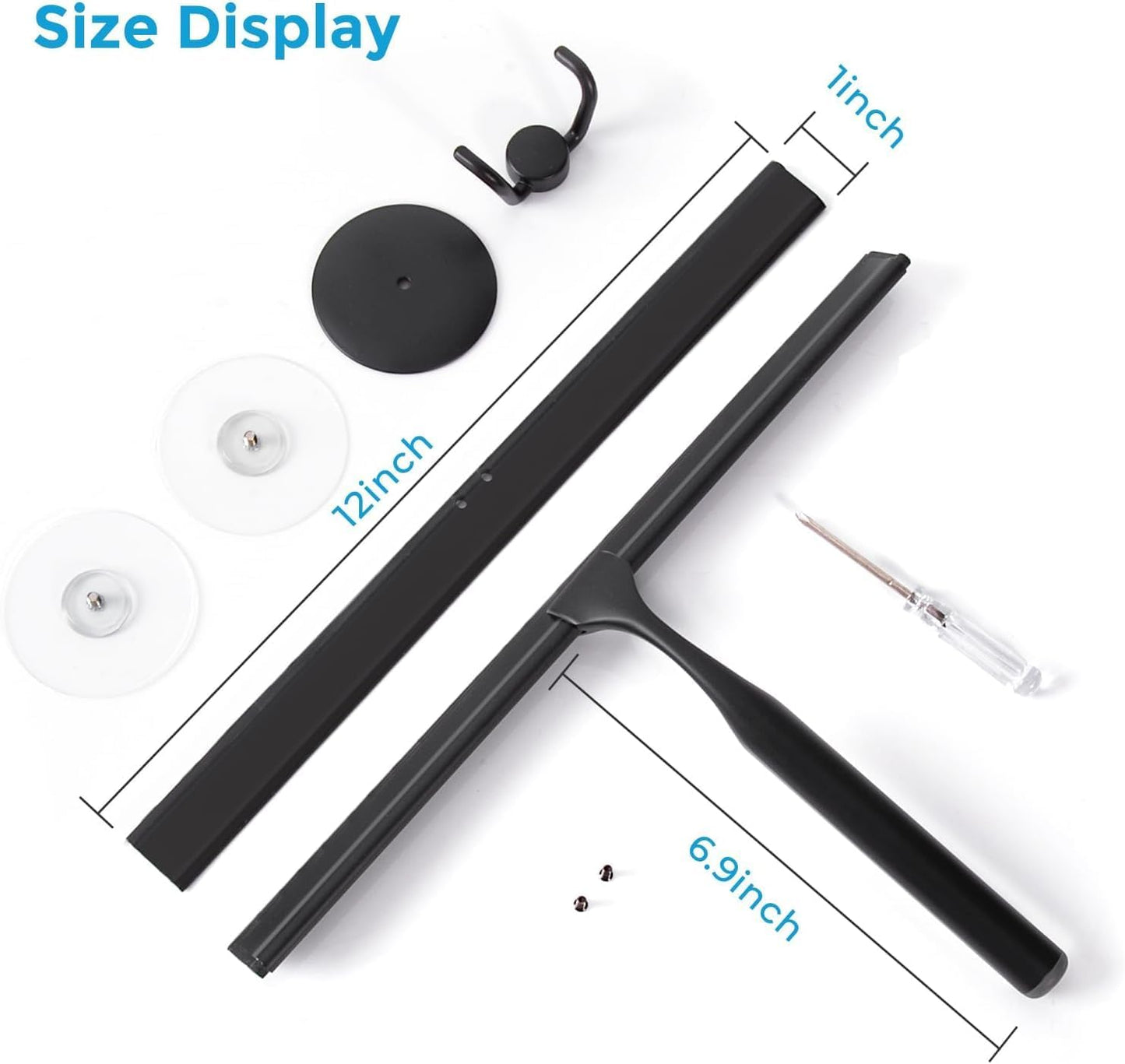 Quntis 10-Inch Matte Black Shower Squeegee for Glass Doors – Stainless Steel with Non-Slip Handle, Replacement Blade & Hook – Ideal for Bathroom, Mirrors, Tiles, and Car Windows