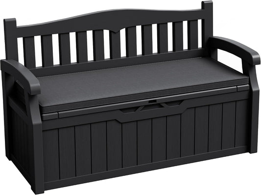 JUMMICO 80 Gallon Resin Outdoor Storage Bench, Large Deck Box with Armrest, Lockable&Waterproof for Garden, Home, Patio, Pools (Black, 80 Gallon)