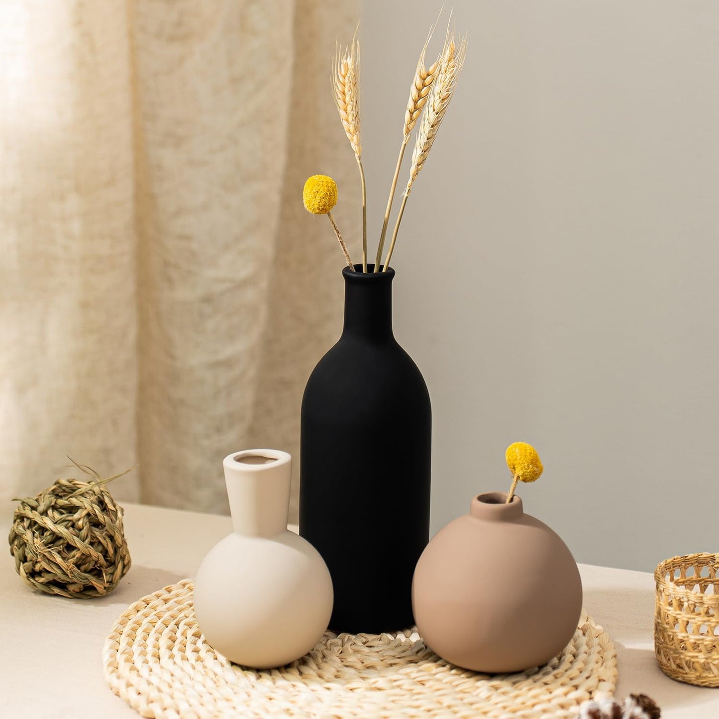 Ceramic Vase Set of 3, Modern Minimalist Neutral Home Decor, Boho Rustic Farmhouse Decorative Vases for Pampas Grass Dried Flowers | Table Centerpiece Entryway Mantel Bookshelf(Black Mix Set - Gray#1)