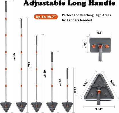 Wall Cleaner Mop with 98" Long Handle, Baseboard Cleaner Tool for Cleaning Ceilings, Windows, Corners, Vents, 2-in-1 Triangle & Rectangle Head with Squeegee, 10 Washable Pads