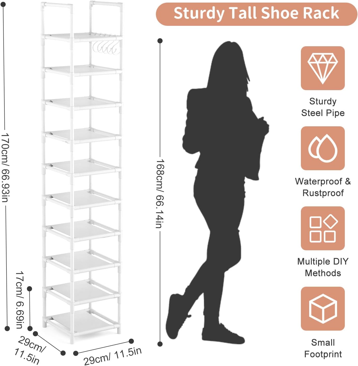 LANTEFUL Tall Narrow Shoe Rack for Entryway, 10-Tier Sturdy Metal Shoe Shelf Storage 10-15 Pairs of Shoes and Boots, Space Saving Corner Shoe Rack Organizer for Closet,Doorway,Garage,Living Room