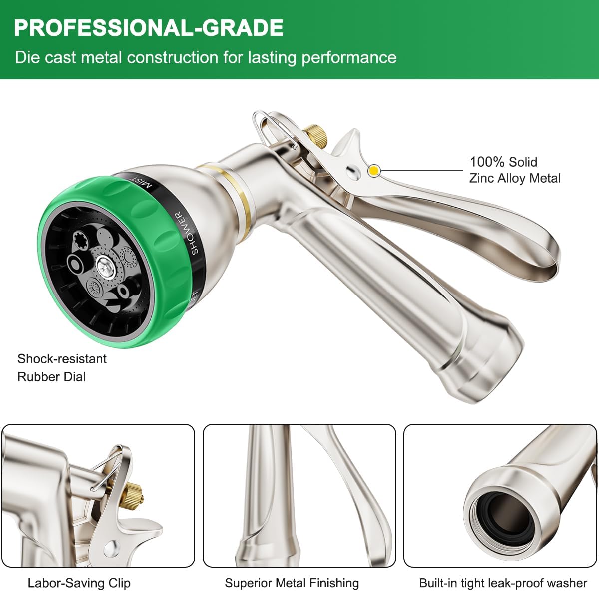 FANHAO Heavy Duty Garden Hose Nozzle, 100% Metal Water Nozzle with 8 Adjustable Spray Patterns, High Pressure Hose Sprayer with Non-Slip Grip for Watering Plants & Lawns, Washing Cars & Pets -Silver