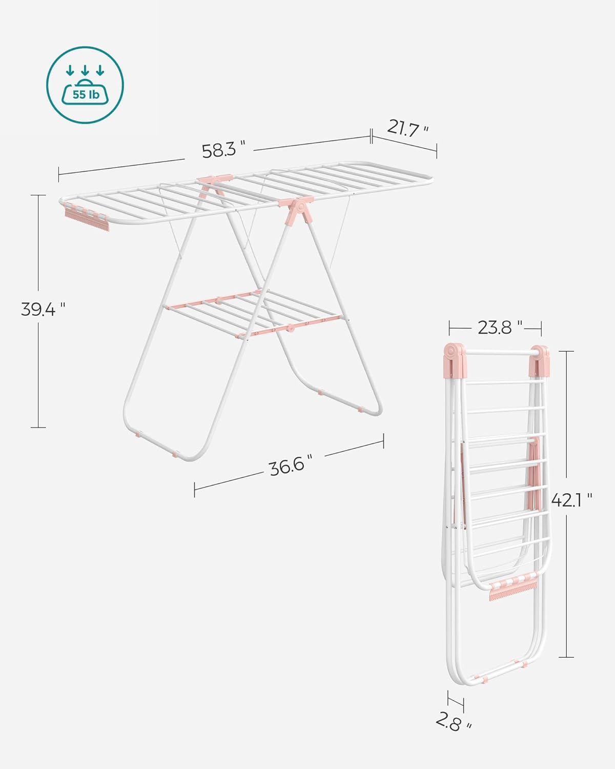 SONGMICS Clothes Drying Rack, with Sock Clips, Metal Laundry Rack, Foldable, Space-Saving, Free-Standing Airer, with 2 Height-Adjustable Gullwings, Indoor Outdoor Use, Gray ULLR052G01