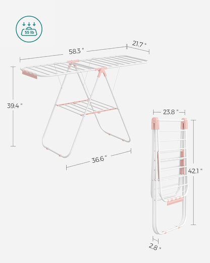 SONGMICS Clothes Drying Rack, with Sock Clips, Metal Laundry Rack, Foldable, Space-Saving, Free-Standing Airer, with 2 Height-Adjustable Gullwings, Indoor Outdoor Use, Gray ULLR052G01