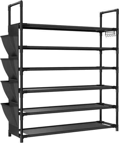 LANTEFUL 6 Tier Shoe Rack Storage for 24-30 Pairs Shoe and Boot, Shoe Organizer with Hook and Side Pocket Free Standing Long Shoe Shelf Tall Shoe Rack Organizer for Closet, Entryway, Dorm, White