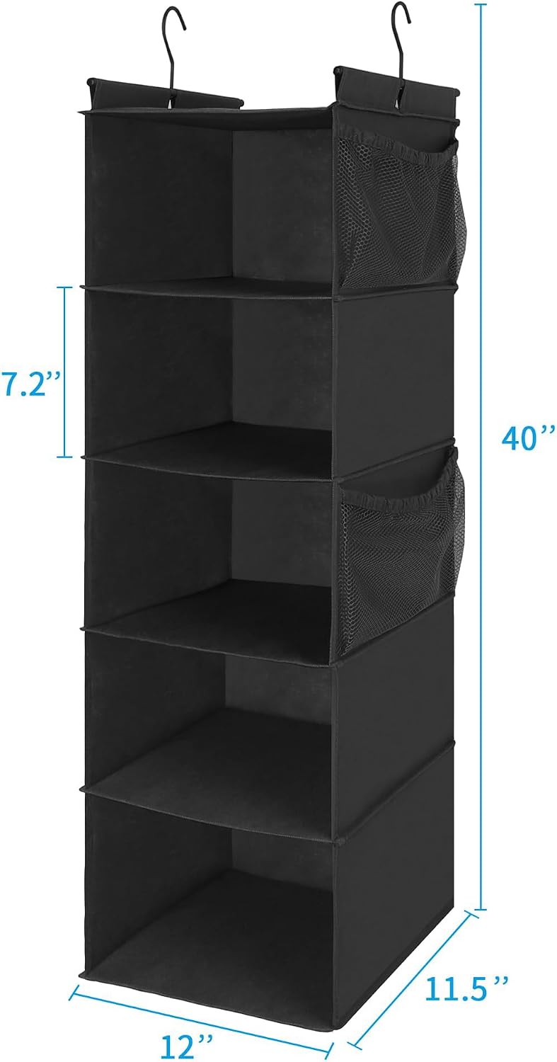 MAX Houser 4-Shelf Hanging Closet Organizer, Space Saver, Cloth Hanging Shelves with 2 Side Pockets, Foldable (Beige)