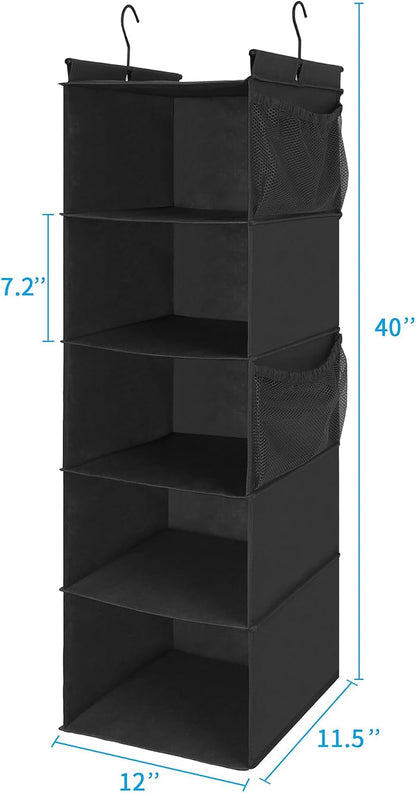 MAX Houser 4-Shelf Hanging Closet Organizer, Space Saver, Cloth Hanging Shelves with 2 Side Pockets, Foldable (Beige)