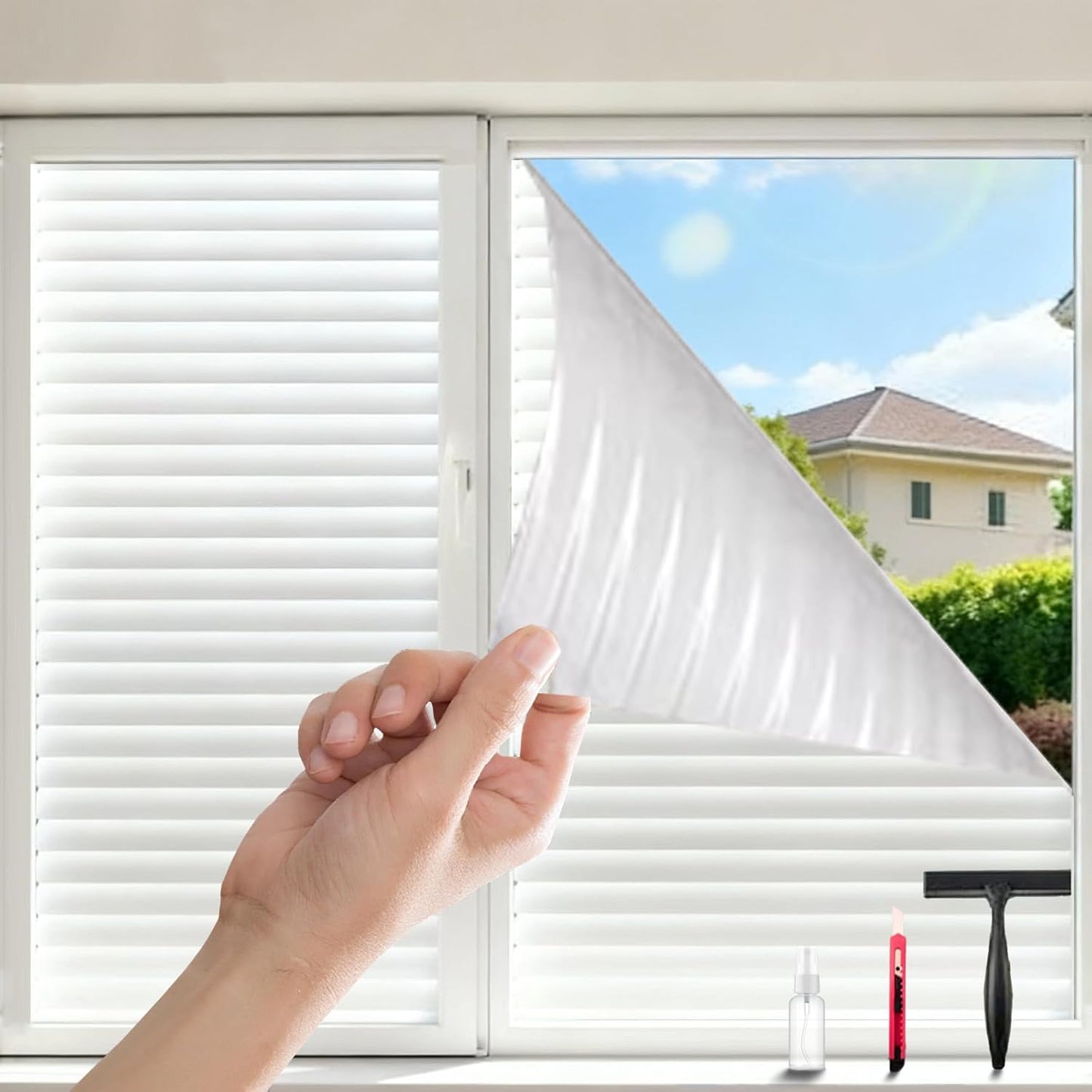Frosted Window Privacy Film Static Cling, Removable Reusable Glass Sticker, Anti-UV Heat Blocking Decorative Window Film for Home Bathroom Bedroom with Installation Tools Frosted White 17x78inch