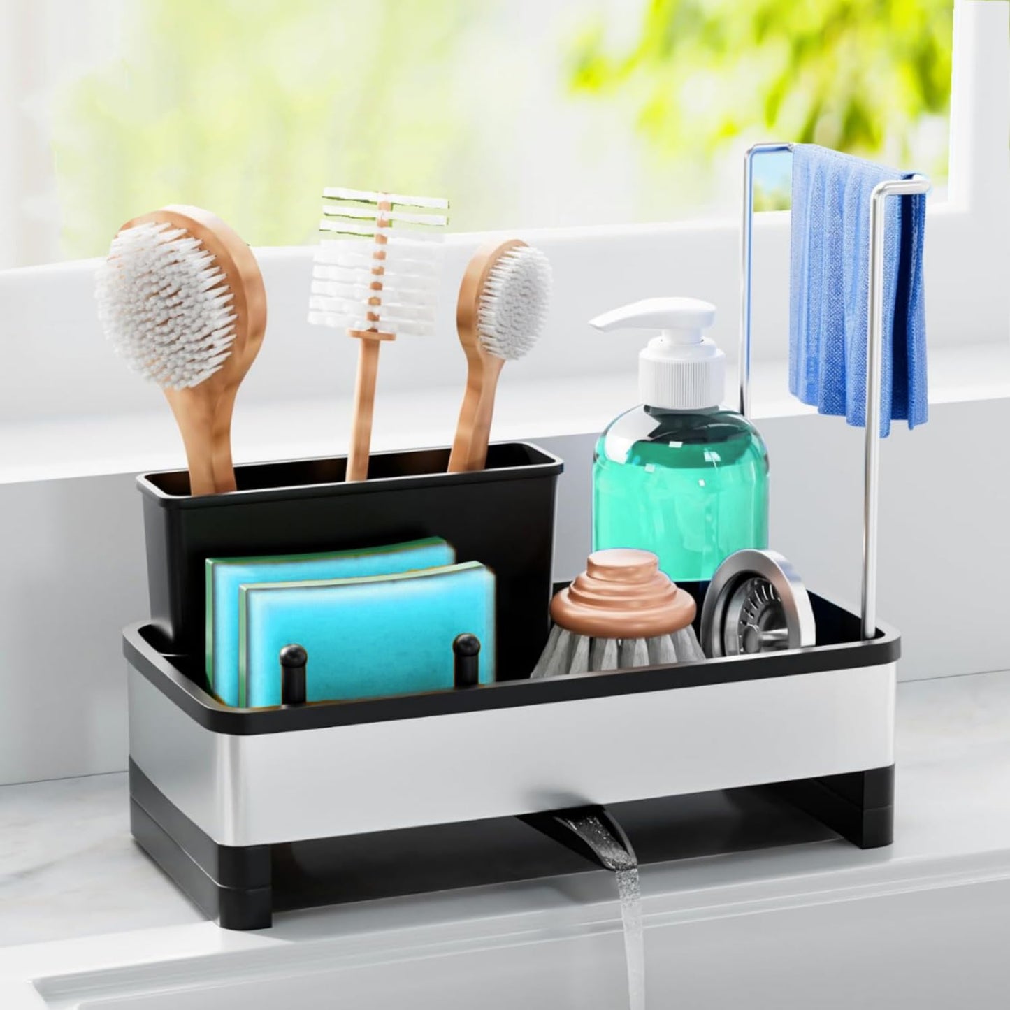 Sink Caddy Organizer, Kitchen Sponge Holder for Sink with Quick Drain Tray & Detachable Towel Rack, Sturdy Rustproof Kitchen Countertop Organizer for Sponge Soap Dispenser (White)
