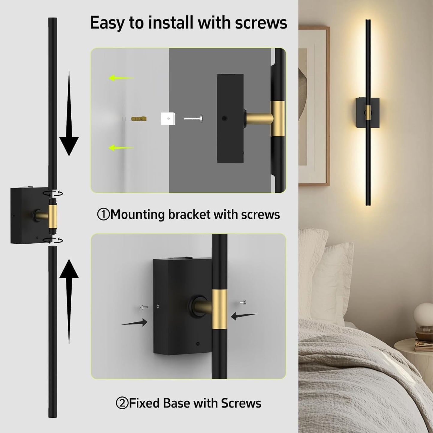 iThird Battery Operated Wall Sconces Set of 2: 10000mAh Rechargeable Wall Lights with Remote Control, 360° Rotate Wireless Wall Scone Decor for TV/Mirror Bedroom Living Room, 31.5 Inch, Black