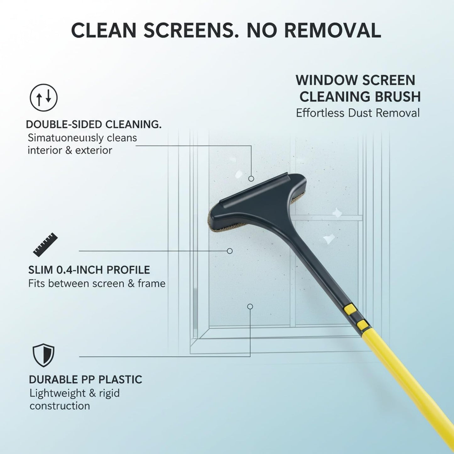 Double-Sided Window Screen Cleaner Brush, Slim 0.4" Profile for Fixed Frames, Durable PP Plastic Tool for Interior & Exterior Debris Removal, Green