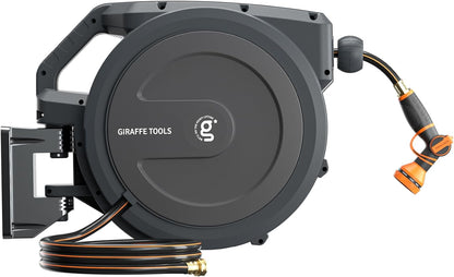 Giraffe Tools Retractable Garden Hose Reel 1/2 Inch x 100 ft, Super Heavy Duty, Any Length Lock, Slow Return System, Wall Mounted and 180 Deg Swivel Metal Bracket