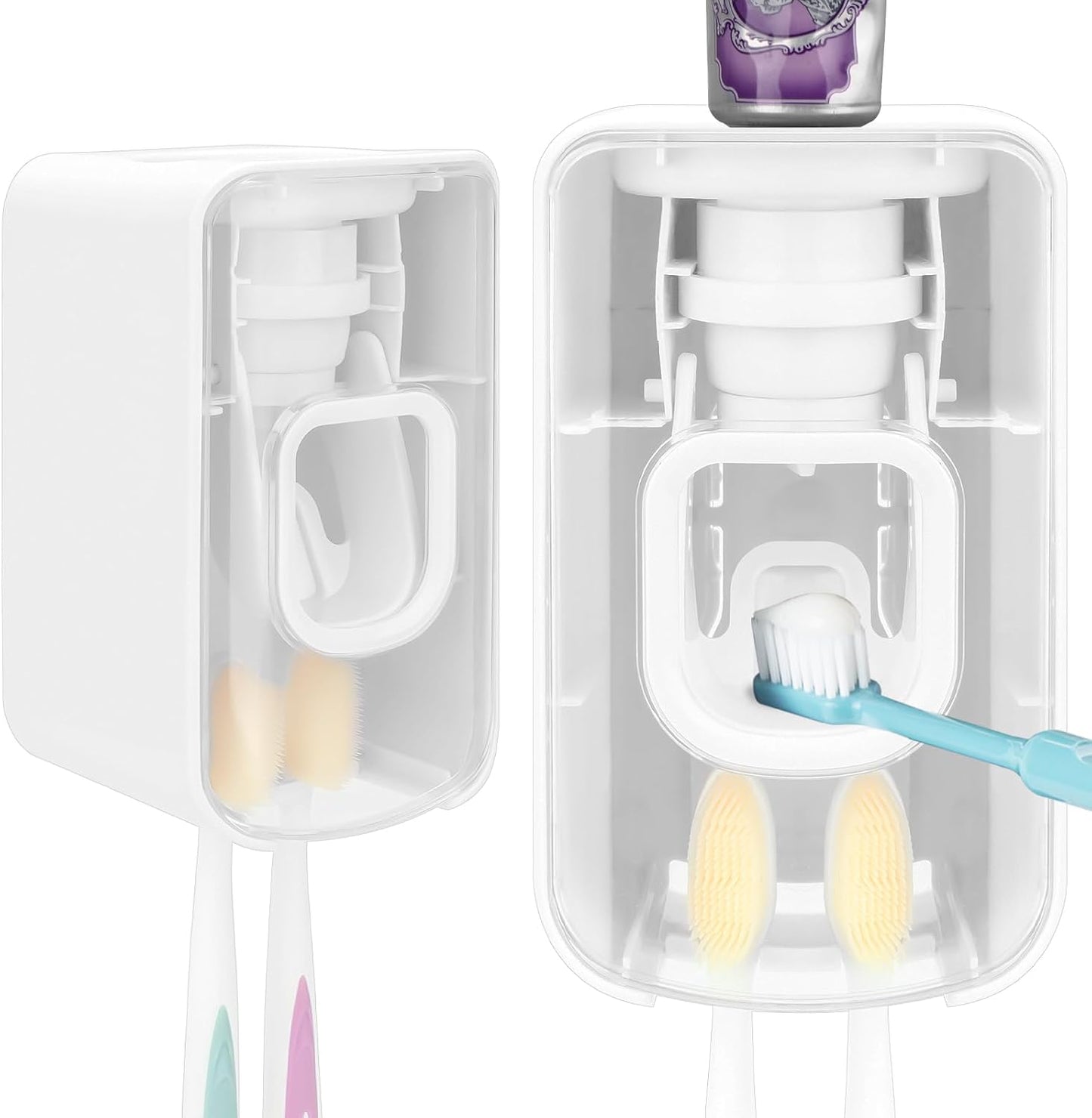2 Slot Toothbrush Holder and Toothpaste Dispenser Wall Mounted, Automatic Toothpaste Squeezer, 2 in 1 Tooth Brush Toothpaste Organizer for Shower (Grey)
