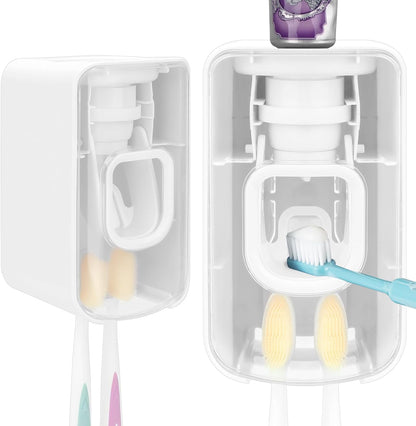2 Slot Toothbrush Holder and Toothpaste Dispenser Wall Mounted, Automatic Toothpaste Squeezer, 2 in 1 Tooth Brush Toothpaste Organizer for Shower (Grey)