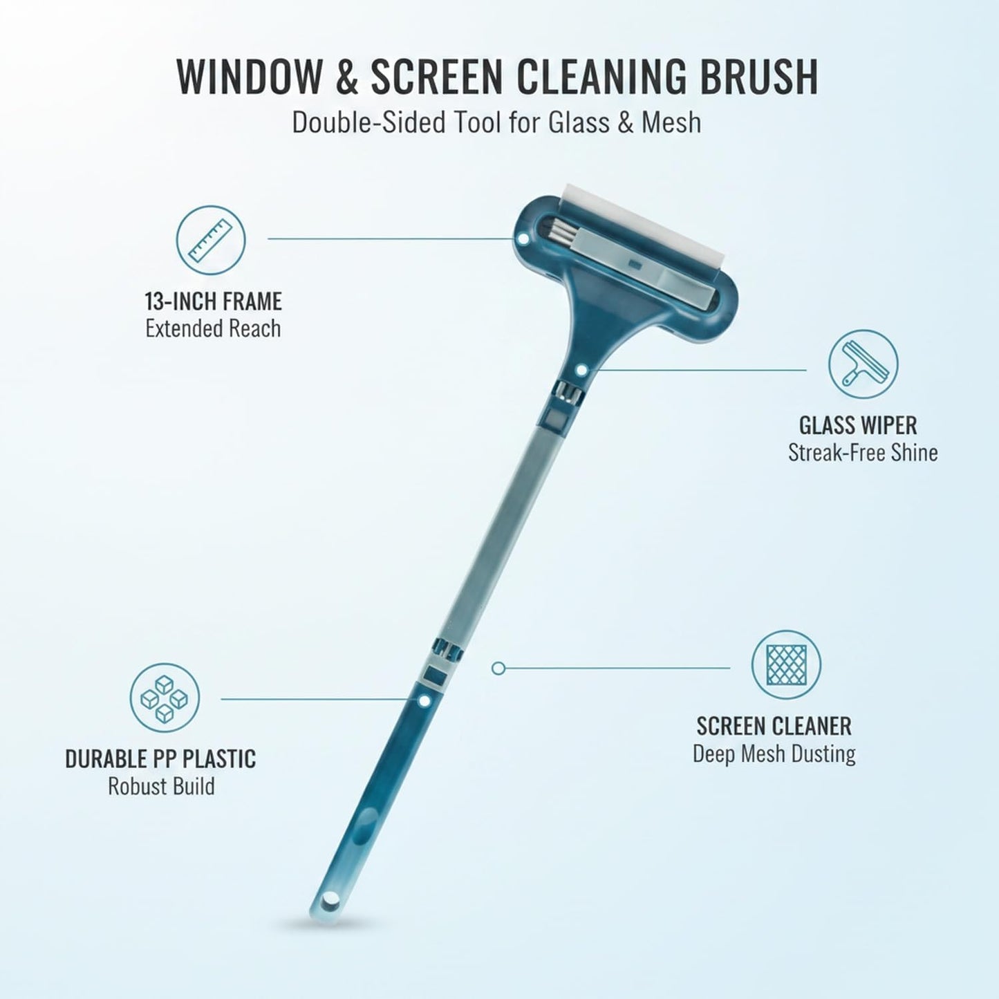 Double-Sided Window & Screen Cleaning Brush, 13-Inch PP Tool for Glass and Mesh, Integrated Wiper for Streak-Free Results (1 Pack)