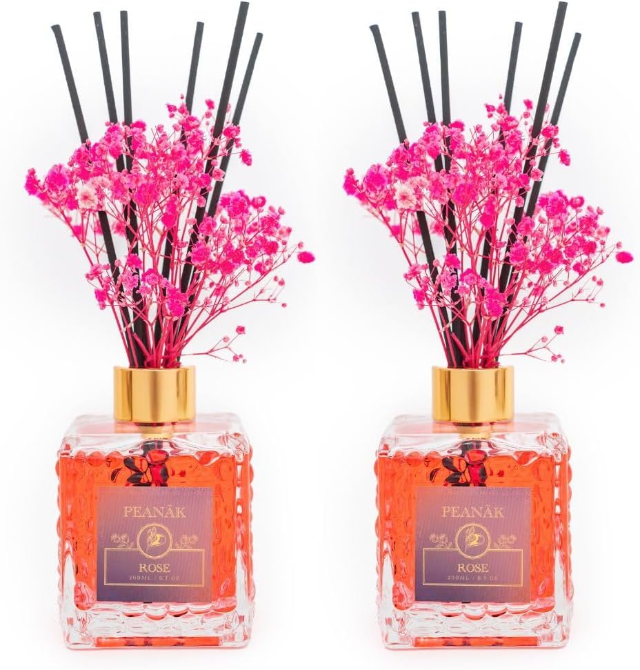 PEANÄK Reed Diffuser Set - Sandalwood Rose Fragrance 6.7oz (200 ml) - Real Preserved Flowers & 8 Reed Sticks for Bathroom Shelf Decor Home Diffuser & Office Scent with Long Lasting Gift Scent