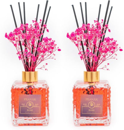 PEANÄK Reed Diffuser Set - Sandalwood Rose Fragrance 6.7oz (200 ml) - Real Preserved Flowers & 8 Reed Sticks for Bathroom Shelf Decor Home Diffuser & Office Scent with Long Lasting Gift Scent