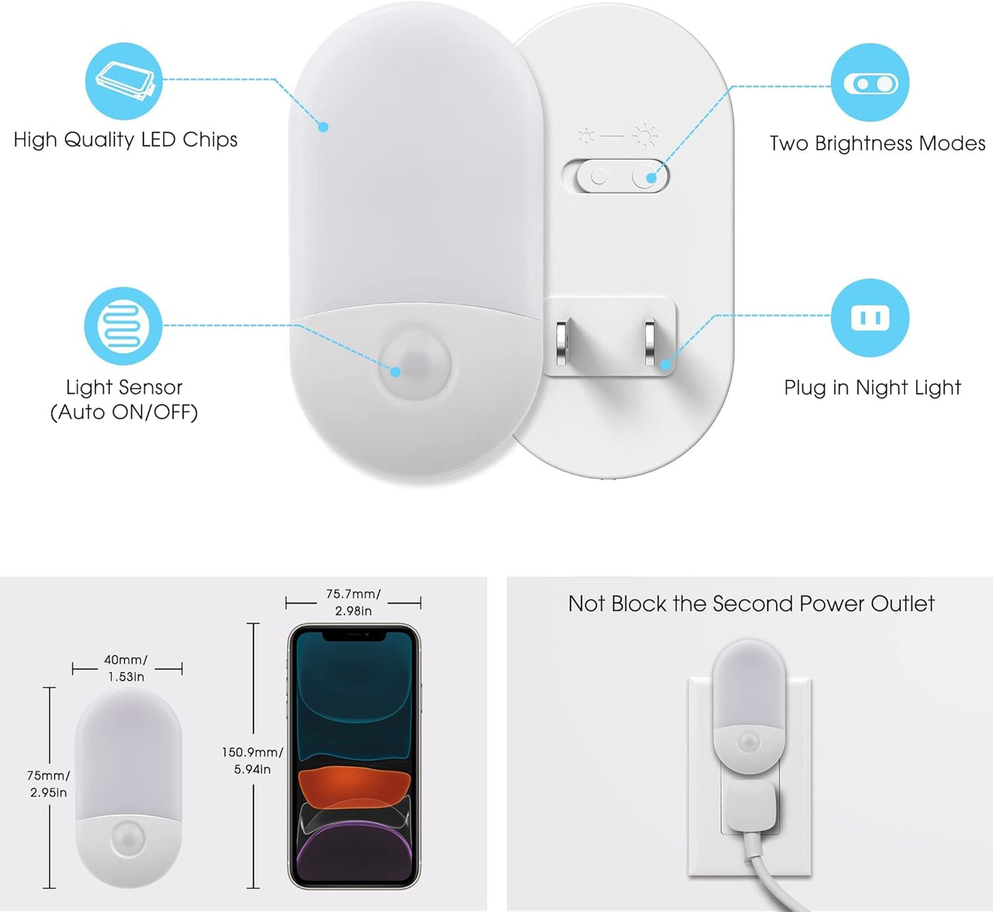 L LOHAS LED Night Lights Plug into Wall, [2 Pack] LED Dimmable Night Light with Light Sensors, 30/60LM Adjustable Brightness Nightlights, Soft White 3000K Automatic Night Light for Kid, Hallway