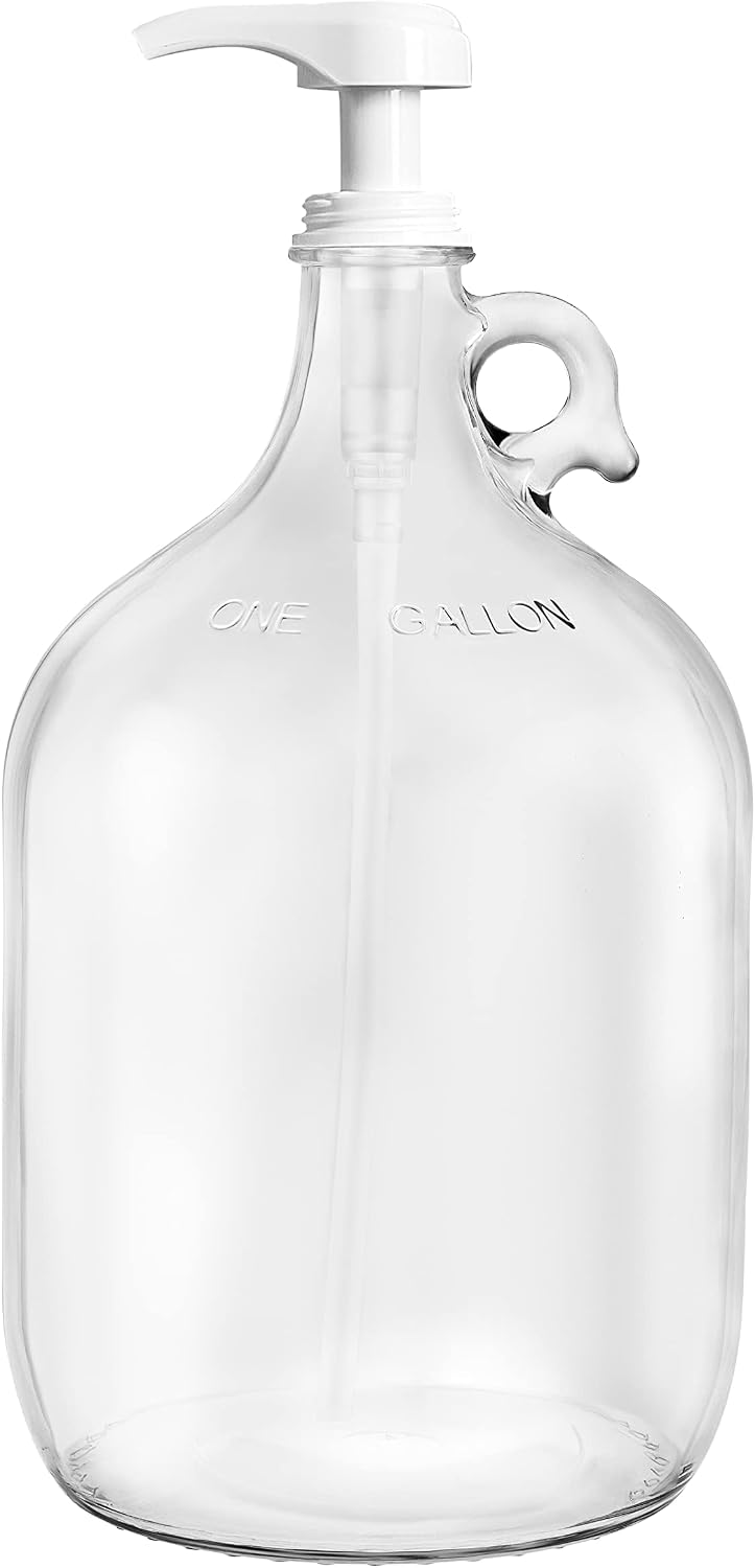 kitchentoolz Gallon Glass Pump Dispenser Bottle, Large Jug Laundry Liquid Detergent Dispenser with Pump for Laundry Room Organization, Soap, Fabric Softener, Commercial Condiment Dispenser- 128 oz