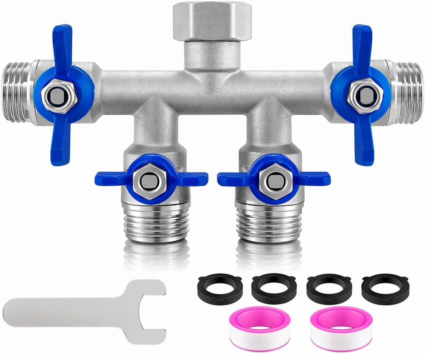 304 Stainless Steel Garden Hose Splitter 2 Way, Heavy Duty 3/4" GHT Y Hose Splitter with Shut-Off Valves, Full Flow Outdoor Faucet Connector with Wrench