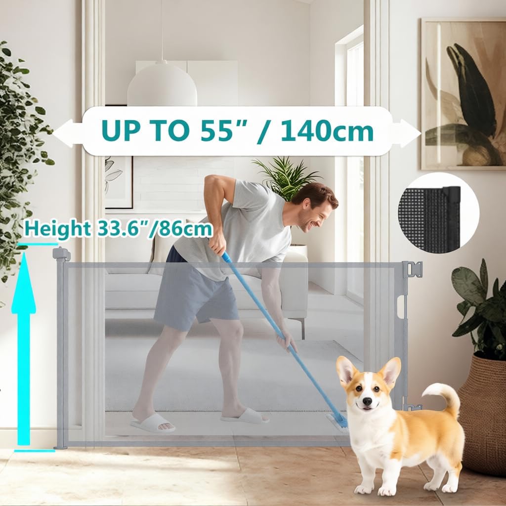 236 Inch Extra Wide Retractable Baby Gate,Mesh Baby Gate or Mesh Dog Gate,34" Tall,Child Safety Gate for Doorways, Stairs, Hallways, Indoor or Outdoor