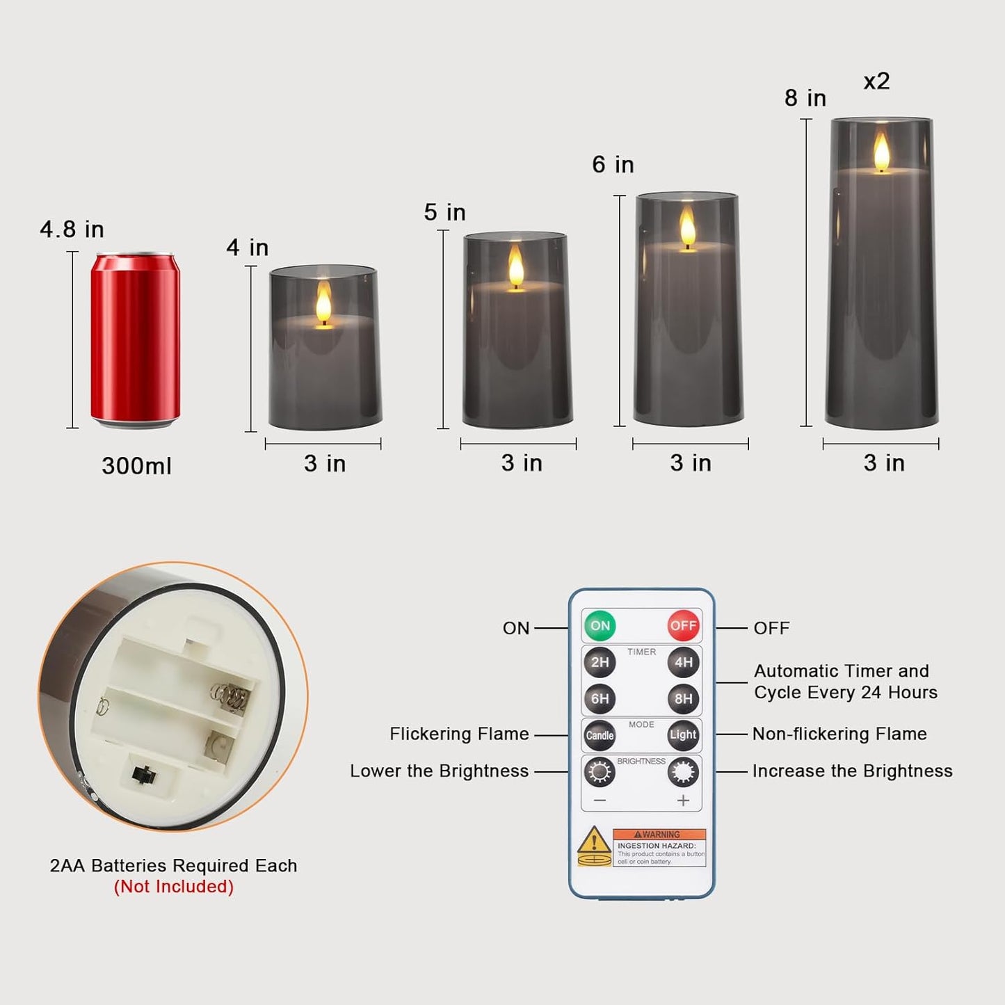 Raycare Flameless Candles Battery Operated with Remote Timer, Acrylic Flickering LED Pillar Candle for Christmas, Wedding, Home Decor, Gift for Family and Friend, White, Set of3