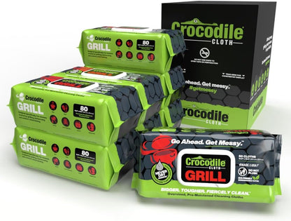 Crocodile Cloth Grill - 80 (15" x 10") Plant-based Cleaning Wipes. Safe on Skin & Multiple Surfaces. Infused with Aloe & Vitamin E. Large, Pre-Moistened & Absorbent.