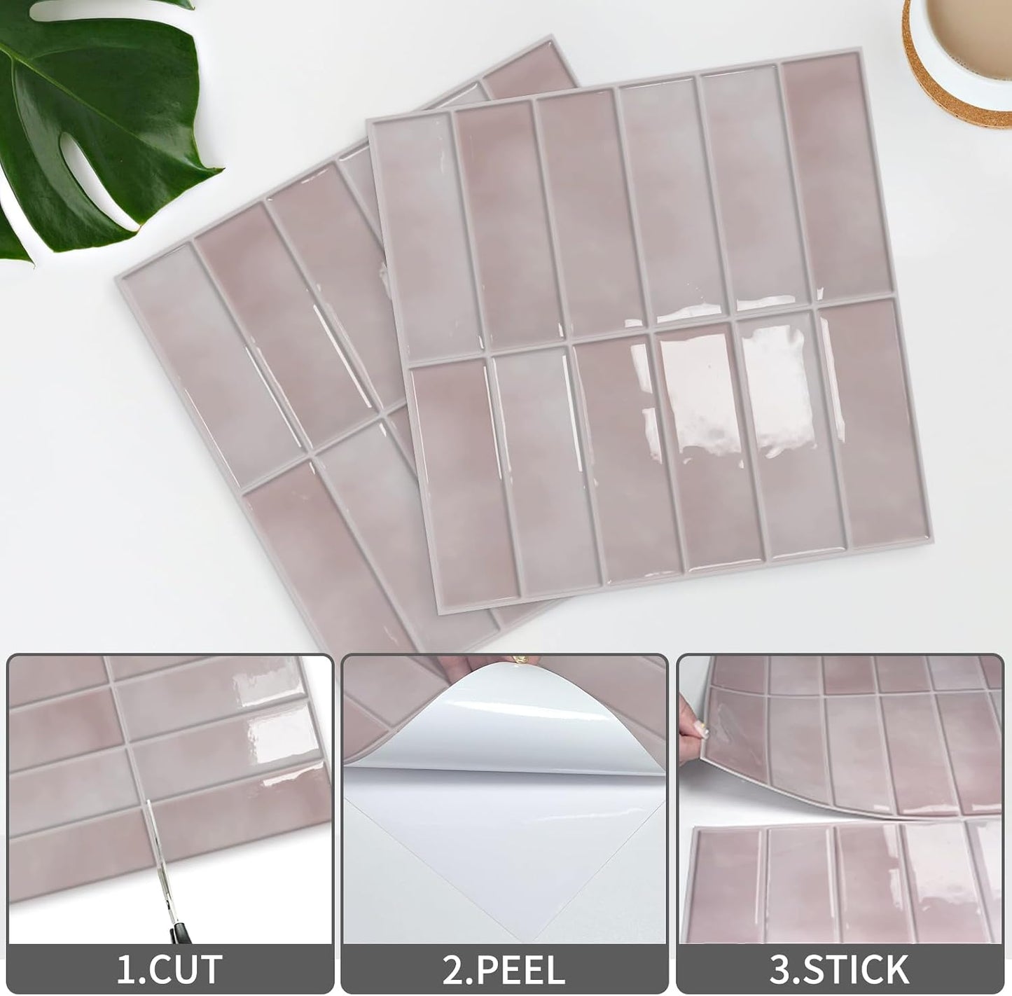 10 Sheet Peel and Stick Kitchen Backsplash Tiles(Pink,12"×12") | 3D Subway Rectangle Waterproof Self-Adhesive Wall Tile Stick on Backsplash for Kitchen,Bathroom and Fireplace