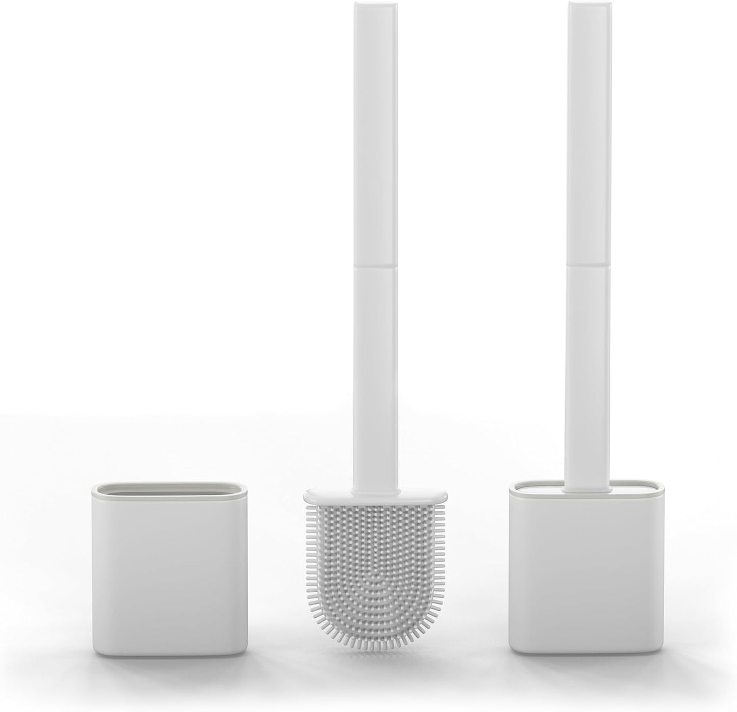 Silicone Toilet Brushes & Holders – Pack of 2 Long Non-Slip Handle, Flexible Bristles for Easy Cleaning – Modern Drip-Free Base, Durable White Bathroom Toilet Brush Set with Holder