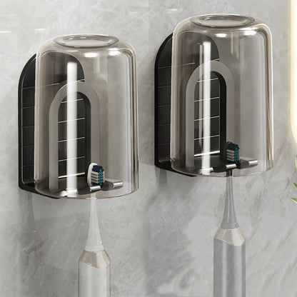 Wall Mounted Toothbrush Holder Set - Self Adhesive Bathroom Toothbrush Holder & Cup Set for Small Bathroom, Apartments or RVs, Includes 2 Cups and 2 Aluminum Toothbrush Holders (Black)