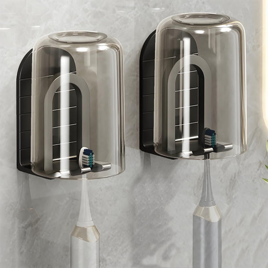 Wall Mounted Toothbrush Holder Set - Self Adhesive Bathroom Toothbrush Holder & Cup Set for Small Bathroom, Apartments or RVs, Includes 2 Cups and 2 Aluminum Toothbrush Holders (Black)