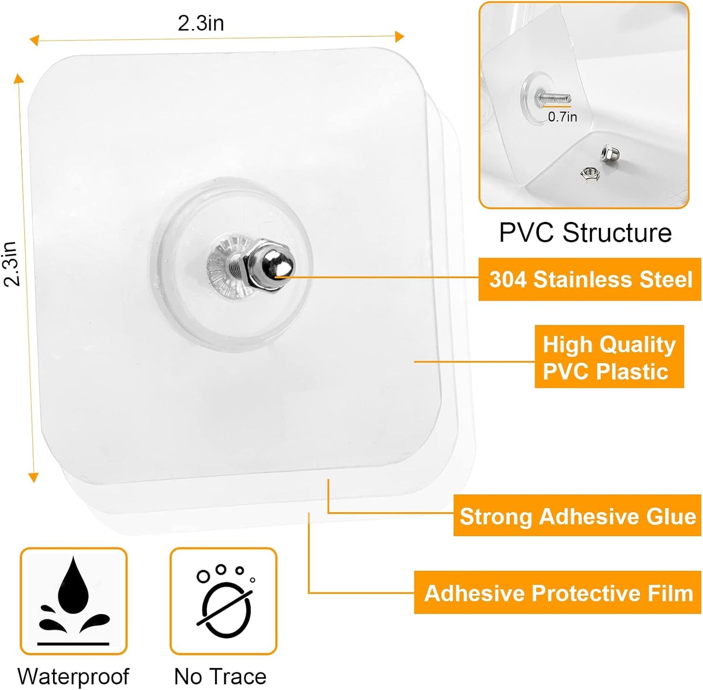 Large Adhesive Hooks for Hanging Heavy Duty 60Ib(Max) 8 Packs, Waterproof & Rustproof Wall Hangers Without Nails for Kitchen, Bathroom, Home, Office, Coat, Towel, Plant, Transparent