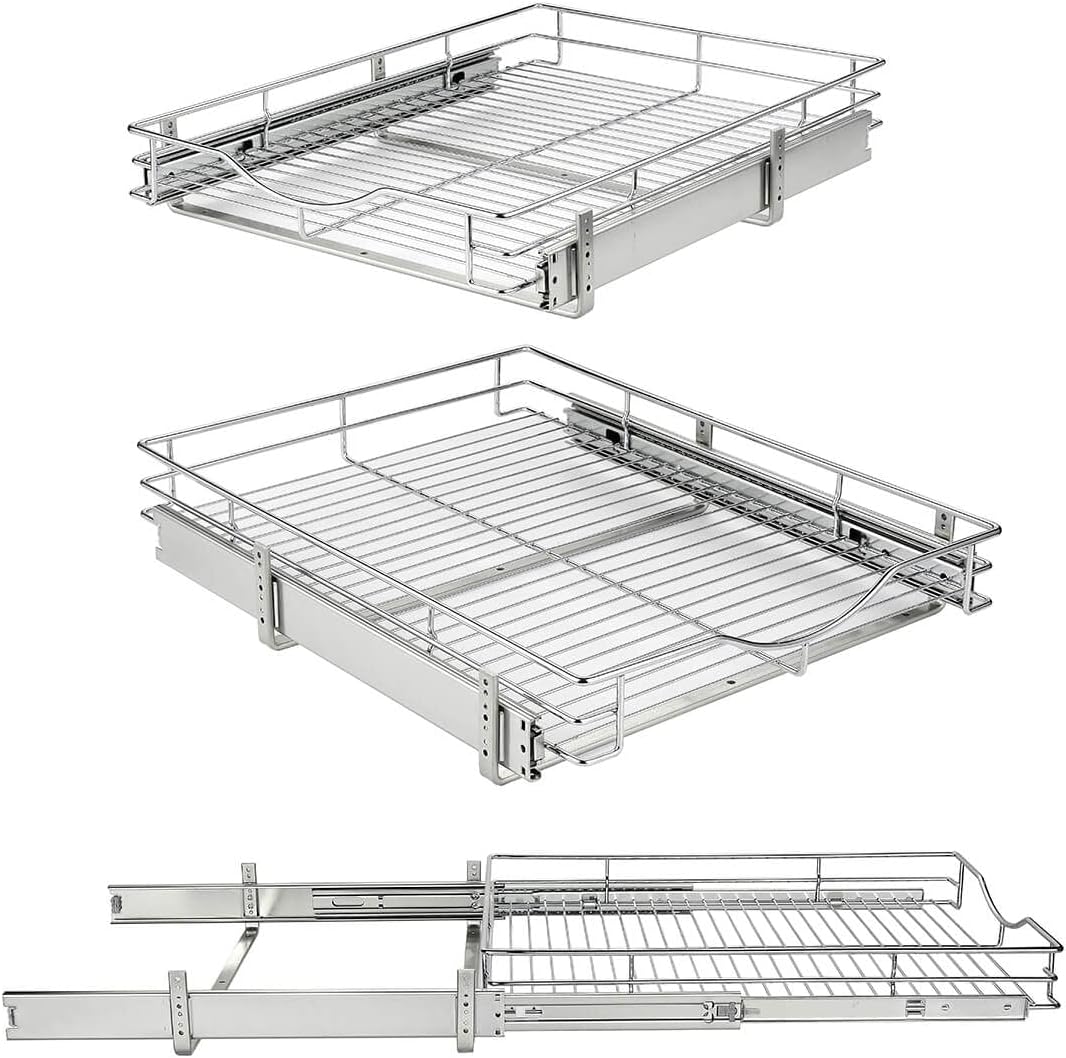 DINDON Pull Out Cabinet Organizer, (17" W x 21" D) Heavy-Duty Metal Sliding Drawer Shelf, Bathroom Under Sink Kitchen Cabinets Organizer and Storage Slide Out Shelves, Chrome, 1 Tier, 2 Pack