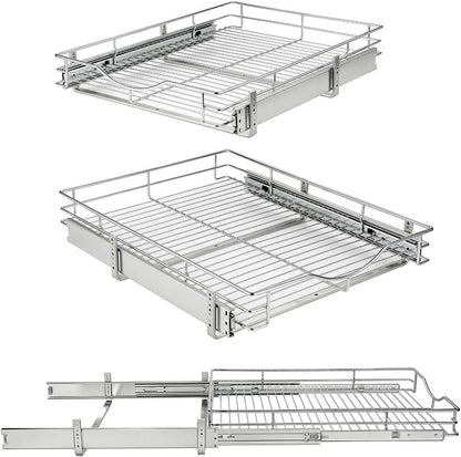 DINDON Pull Out Cabinet Organizer, (17" W x 21" D) Heavy-Duty Metal Sliding Drawer Shelf, Bathroom Under Sink Kitchen Cabinets Organizer and Storage Slide Out Shelves, Chrome, 1 Tier, 2 Pack