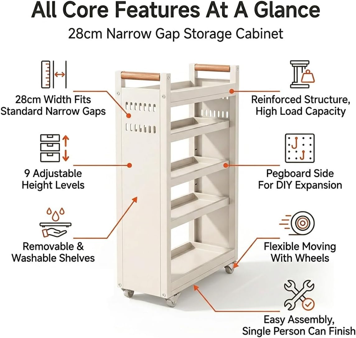 Slim Fridge Gap Storage Cart,All Carbon Steel Adjustable Rolling Kitchen Shelving Organizer with Wheels for Refrigerator Side Cabinet Narrow Space(3-Tier 5.5 * 15.7 * 26.0in)